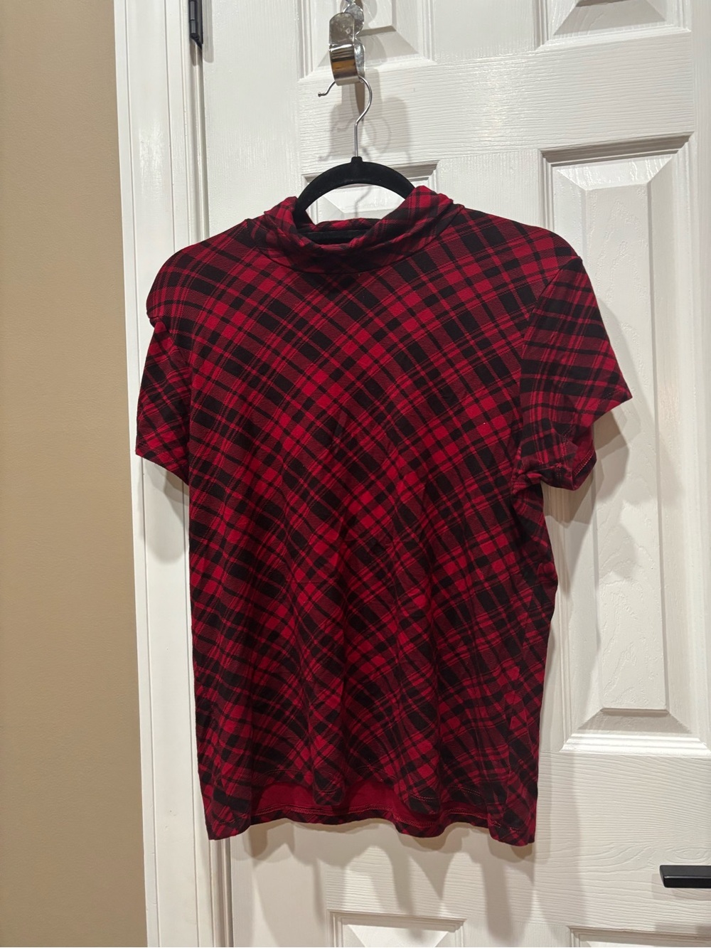 Lauren Ralph Lauren Red Black Plaid Mock Neck Short Sleeve Top Size XL